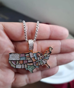 Custom Colorful USA Map Moissanite Pendant Necklace Gold Tone Ice Cubed Charm <b>Jewelry</b> Gift - Product Image 2