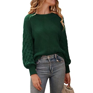 Suéter de Punto Verde Premium para Mujer, Cuello Redondo, Manga Farol, Tejido a Mano, Color Sólido, Informal, Otoño Invierno - Product Image 1