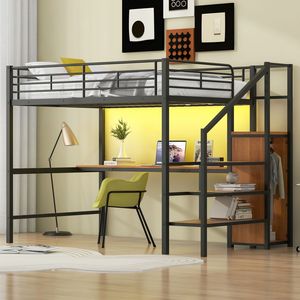 <b>Black</b> Full-Size Metal Loft <b>Bed</b> with LED Light Desk <b>Storage</b> Staircase Small Wardrobe - Product Image 3