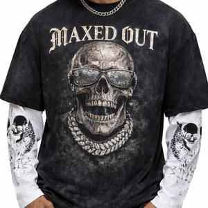 Wholesale Customized Layered Contrast Sleeve <b>Men</b>’s T-<b>Shirt</b> Mineral Wash Graphic Streetwear OEM Private Label Bulk Factory - Product Image 3