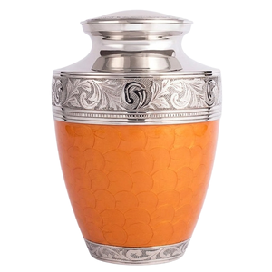 Urna funeraria de aluminio hecha a mano para cenizas de adultos, grabada a mano con acabado en esmalte naranja, urnas conmemorativas para cremación. - Product Image 1