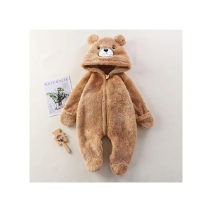 Cute Brown Faux Fur Hooded Footies For Infants & Toddlers Soft Winter Onesie With Zipper Closure Unisex Full Sleeve - Product Image 3