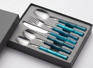 Modern Flatware Set Of 6 Stainless Steel Cutlery With Teal Bamboo Handles Dishwasher Safe For Wedding Use - Product Image 6