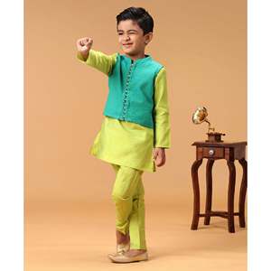 Ensemble Kurta-Pyjama élégant vert et turquoise pour garçons avec veste et manches longues - 6 à 9 ans - 100% polyester - Product Image 1