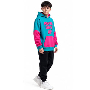 Sudadera con Capucha Unisex Oversize Never Give Up, Estampado Color Block, Felpa Francesa, Estilo Casual para Otoño, Rosa Verde Azulado - Product Image 4
