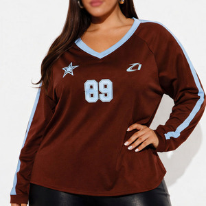 Custom Women Long Sleeve V Neck Sports Jersey <b>Top</b> Breathable Polyester Teamwear Training Custom Brown American Football jersey - Product Image 2
