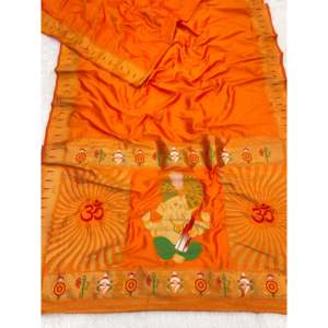 Sari en soie Paithani tissé Zari orange, motif Ganpati, robe de soirée élégante, Elite Weaves 650g - Product Image 1