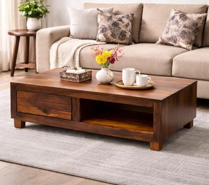 Modern Solid Wood Coffee <b>Table</b> with Drawer and Open Shelf |Rectangular Coffee <b>Table</b> with Storage | B2B Wholesale India - Product Image 1
