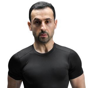 T-shirt à manches courtes pour homme, noir, coupe ajustée, col rond, extensible, pour entraînement sportif, gym, course à pied, vêtements de sport décontractés - Product Image 2