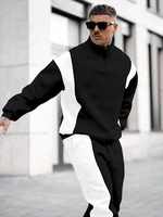 Ensemble survêtement homme 2 pièces, veste zippée avec empiècements latéraux noirs et blancs, pantalon de jogging
