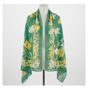 Women's Long Chiffon Floral Scarf Elegant Multi-Functional Spring Fashion Accessory <b>Green</b> Yellow White Print - Product Image 1