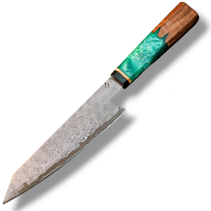 Couteaux de chef en acier Damas faits à la main avec lame à motifs uniques et manche en résine de bois de qualité supérieure pour la cuisine professionnelle et la préparation des légumes - Product Image 2