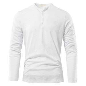 Wholesale Men <b>White</b> Long Sleeve Henley T Shirt Custom Logo Slub Cotton Button Placket <b>Tee</b> Shirt Casual Slim Fit Mens Tops - Product Image 5