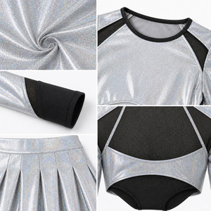 Uniforme de Animadora Metálico Holográfico Personalizable al por Mayor, Top Corto Brillante de Manga Larga para Mujer, Top de Baile con Pliegues - Product Image 6