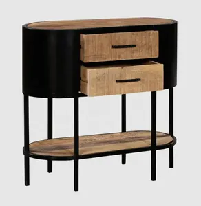 Oval Shape Metal & Wooden Industrial Console With Two Storage Drawers With Wooden Shelve Mango Wood Hallway Center Console Table