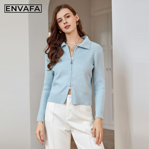 Cárdigan de punto de ganchillo con cuello vuelto para mujer, doble cremallera, manga larga, informal, elegante, cálido, antiarrugas, para otoño - Product Image 6