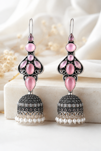 Wholesale Pink Stone <b>Oxidized</b> Silver Jhumka Earrings for Women | Traditional Indian Ethnic Pearl Drop Earrings - Product Image 2