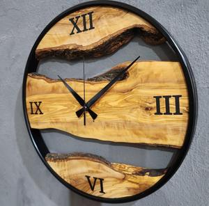 Reloj de Pared de Madera de Olivo Hecho a Mano con Anillo de Metal y Números Romanos en Resina Epoxi, Decoración Moderna para el Hogar, para Bodas - Product Image 3