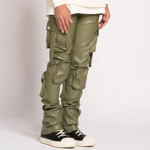 <b>Men's</b> Olive <b>Green</b> PU Coated <b>Cargo</b> <b>Pants</b> Multiple Pockets Elastic Waist Workwear Style Straight Fit Autumn Wear - Product Image 5