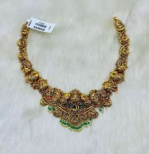 Classic Antique Temple Goddess Lakshmi Pendant <b>Necklace</b> Peacock Motifs Green Bead Drops 22K Solid Gold Traditional Wedding Party - Product Image 2