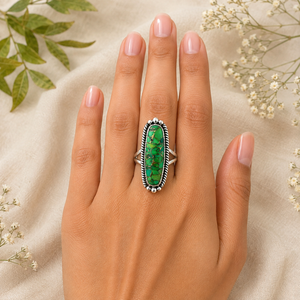 Bague en argent turquoise cuivrée verte, bijoux faits à la main avec pierres précieuses, style bohème du Sud-Ouest, bague statement pour femme, cadeau - Product Image 6