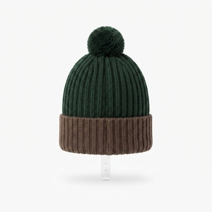 Custom <b>Green</b> Brown Pom Pom Cuffed Knit <b>Beanie</b> Hat Winter Warm Skull Cap With Logo - Product Image 2