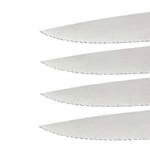 Ensemble de 5 couteaux à steak avec manche en bois grainé brun, lames dentelées argentées et triple rivets pour la découpe des steaks à table - Product Image 2