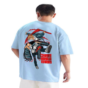 เสื้อยืดชายทรงปกติสีฟ้าอ่อนพิมพ์ลายตัวอักษรสไตล์สตรีทแวร์แขนสั้นคอกลมผ้าฝ้ายผสมโพลีเอสเตอร์/ผ้าฝ้าย ตราเฉาไซแมน - Product Image 3