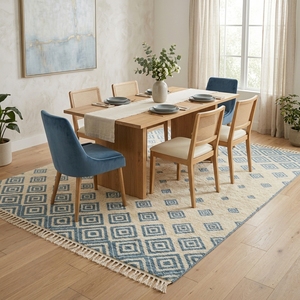 Alfombra de Lana Tejida a Mano con Patrón de Diamantes, Alfombra Geométrica Azul Marfil, Alfombra Estilo Boho Farmhouse con Borlas, Tamaño Personalizado - Product Image 2
