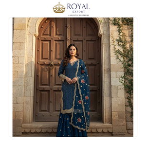 Collection de designer la plus récente et la plus élégante de costumes Sharara en faux georgette lourd avec dupatta en georgette et broderies. - Product Image 5