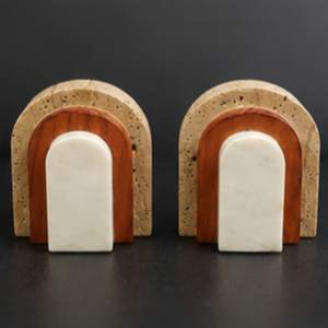 Ensemble de serre-livres modernes en bois, design arqué, pierre sculptée, décoration d'intérieur - Product Image 3
