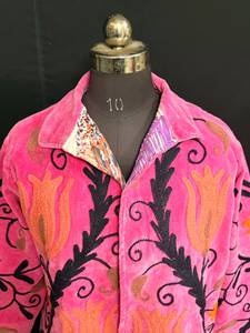 Pink Suzani <b>Velvet</b> Embroidered <b>Jacket</b> Bohemian Winter Coat Handcrafted Floral Open Front Kimono Ethnic <b>Women</b> Outerwear - Product Image 2