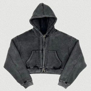 Oversized Crop <b>Hoodie</b> Solid Color <b>Zip</b>-Up Front <b>Pocket</b> Unisex Casual <b>Hoodie</b> Cotton French Terry Washed Autumn and Winter Style - Product Image 1
