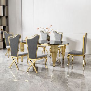 79.53\" Black Glass <b>Top</b> Oval <b>Dining</b> <b>Table</b> with Gold Stainless Steel Base Accommodates 8 Seaters - Product Image 5