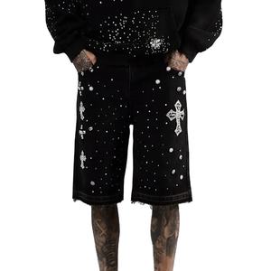 Pantalones Cortos Vaqueros Distressed de Algodón 100% para Hombre, Estilo Urbano Casual, con Pedrería y Efecto Sucio, Transpirables y de Secado Rápido - Product Image 1