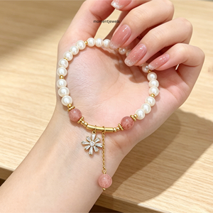 Freshwater Pearl Charm Bracelet Gold Plated Stone Beaded <b>Bangle</b> Floral Pendant Jewelry for Women - Product Image 5
