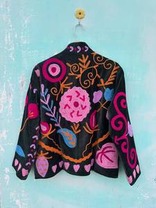 Women's Pink Velvet Printed Floral Quilted Cotton Lined Autumn/Winter Coat Breathable <b>Windproof</b> - Product Image 3