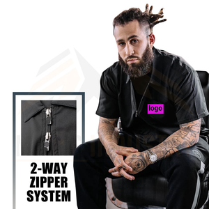 Chemise de travail noire à manches courtes pour homme, fermeture éclair sur le devant, logo brodé, polyester respirant, smocks - Product Image 4