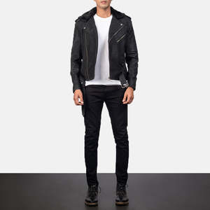<b>Men's</b> <b>Black</b> Genuine Leather Moto <b>Jacket</b> With Zipper Closure Turn-down Collar Slim Fit Regular Length Autumn Style - Product Image 6
