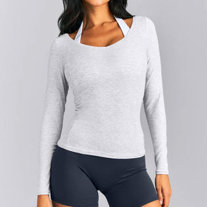 T-shirt de sport moulant pour femme en maille côtelée haute élasticité, coupe ajustée, col en V profond, sans couture, tricoté, style formel - Product Image 1