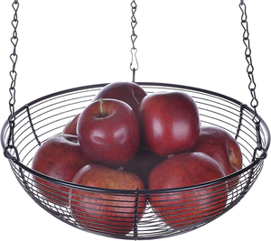 Panier de rangement suspendu à 3 niveaux pour fruits et légumes, en métal avec revêtement noir, en osier avec poignées en corde, organisateur de cuisine quotidien en rotin - Product Image 2