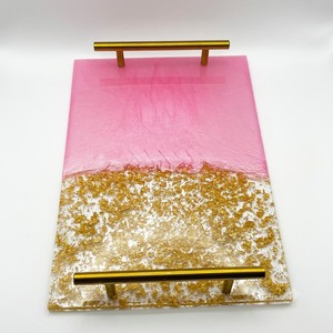 Wholesale Luxury White Flower <b>Epoxy</b> Resin Serving Tray With Gold Handles Decorative <b>Coffee</b> <b>Table</b> Centerpiece Vanity Platter - Product Image 5
