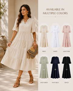 Robe midi beige à volants de haute qualité pour femmes, robe décontractée à manches courtes, col en V, en coton, style bohème, robe maxi pour l'été, prix de gros - Product Image 2