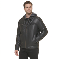 Veste d'hiver pour homme en toile de peau de mouton noire, à capuche, col montant, logo imprimé 3D sur le devant, fermeture éclair, coupe classique, couleur unie