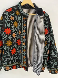 Premium <b>Black</b> Velvet Floral Embroidery Jacket Handcrafted Suzani Bohemian Women's Designer Festival Wear Full Sleeve Autumn <b>Coat</b> - Product Image 3