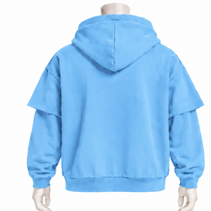 Sky Blue Double Layer <b>Hoodie</b> Vintage Oversized <b>Short</b> <b>Sleeve</b> Overlay Long <b>Sleeve</b> Pullover Casual Streetwear Loose Fit Hooded - Product Image 2