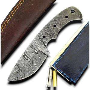 Lame de couteau en acier Damas pleine longueur - Lame Damas artisanale avec étui en cuir, tubes et broches en laiton, kit de personnalisation DIY, vente en gros - Product Image 1