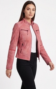 Wholesale Women Coral <b>Pink</b> <b>Tweed</b> Varsity <b>Jacket</b> Vintage Acid Wash Eco-Friendly Windproof Custom Stand Collar Multi Zip Outerwear - Product Image 4