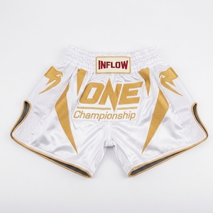 กางเกงชกมวย INFLOW Unisex สีขาวทอง ลายโลโก้ One Championship แบบพิมพ์รีดร้อน ระบายอากาศได้ดี แห้งเร็ว ผลิตจากโพลีเอสเตอร์ 100% - Product Image 1