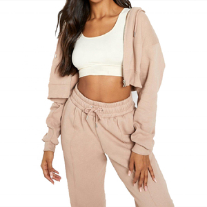 2026 Women <b>Zip</b> <b>up</b> <b>Cropped</b> Hoodie Set Custom 100% Cotton Fleece Oversized Hoodie and Cuffed Sweatpants Cotton Sweat suits - Product Image 4